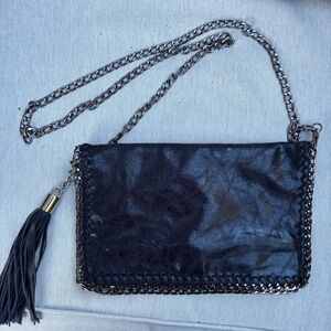 Black metallic chain flap purse strap clutch shiny fabric shoulder bag